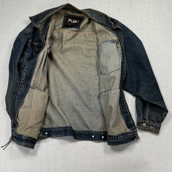 Vintage FUBU Denim Jacket Zip Front Collared Blue Cotton Pockets Size XL - Picture 7 of 14